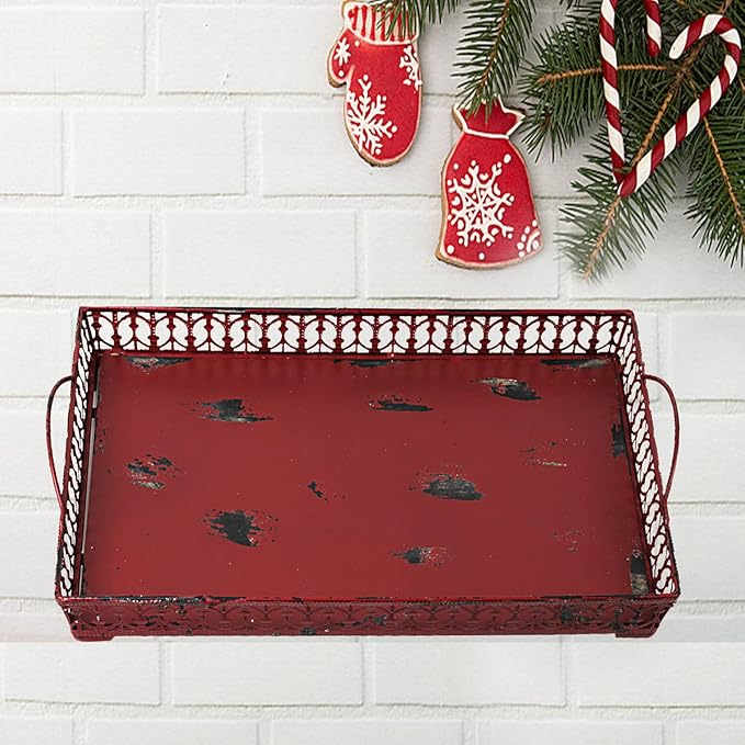 Morning View Metal Serving Trays with Handles for Eating Food Decorative Vintage Food Tray Burgundy