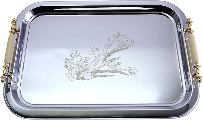 (Pack of 2 19.1 inch x 13.4 inch Oblong Chrome Plated Mirror Silver Serving Tray with Handles Stylish Design Engraved Iron Gold Floral Decorative Buffet Platter Plate FST-004