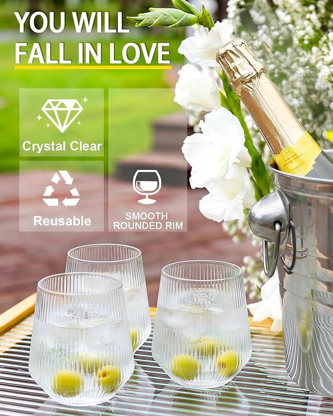 40 Pcak Ribbed Plastic Wine Glasses, Origami Ripple Disposable Stemless Wine cocktail Whiskey Champagne Glasses, 12 Oz Clear Unbreakable Cups for Party,Indoor,Outdoor,Wedding,Bars,Tasting