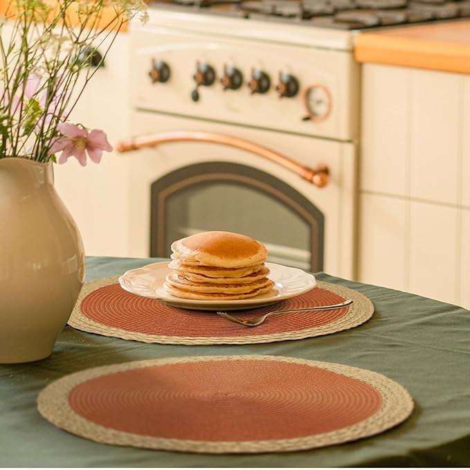 Noctiflorous Round Placemats Set of 4, 15 Inch Braided Hand Woven Table Mats, Heat Resistant Non-Slip Wipeable Wide Edge Place Mats for Kitchen Dining Indoor Outdoor Use(Dark Orange, 4)