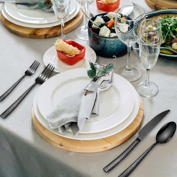 Black Hammered Silverware Set for 2, MIKIWAY 10 Pieces Stainless Steel Luxury Flatware Set, Cutlery Tableware Set, Kitchen Utensils Set Include Spoons And Forks Set, Mirror Polished, Dishwasher Safe