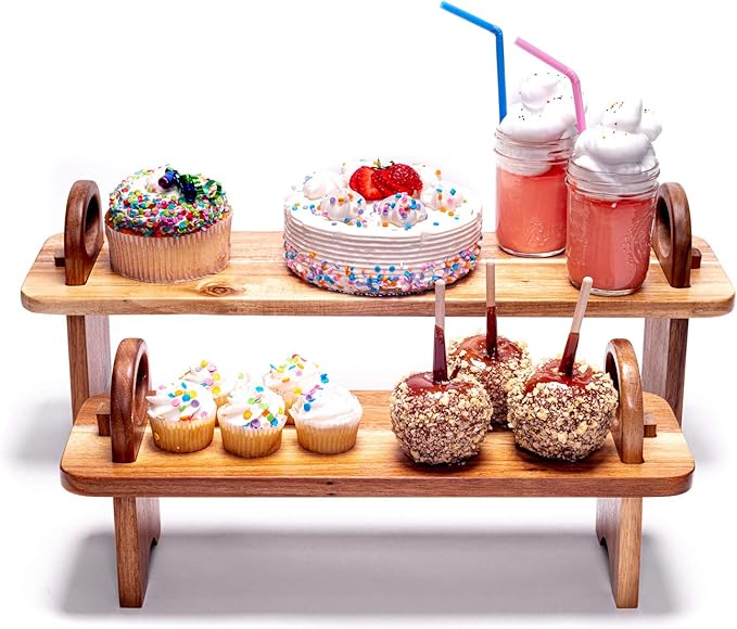 Acacia Wooden Serving Board on Stand – Raised Wood Serving Trays Platter – Home Kitchen Countertop Organizer Shelf & Large Charcuterie Tray for Cheese Party Food 21.5 X 6 x 8.7 inches