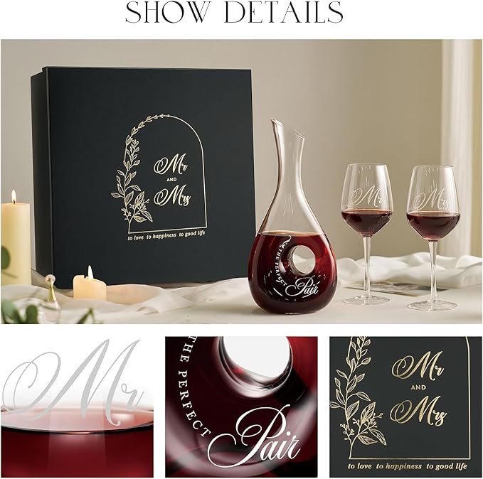 AW BRIDAL Mr and Mrs Wine Glasses for Wedding Bridal Shower Engagement Gifts, Wedding Glasses with Wine Decanter for Couples Newlyweds, Anniversary Bachelorette Party Bride Gifts