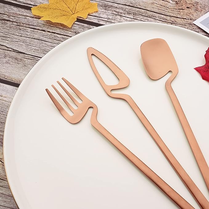 JASHII 28-Piece Silverware Set, 304 Stainless Steel Flatware Cutlery Set Service for 4, Metal Eating Utensil Set, Including Fruit Fork and Ice scoop, Hangable & Matte - Dishwasher Safe - Rose Gold