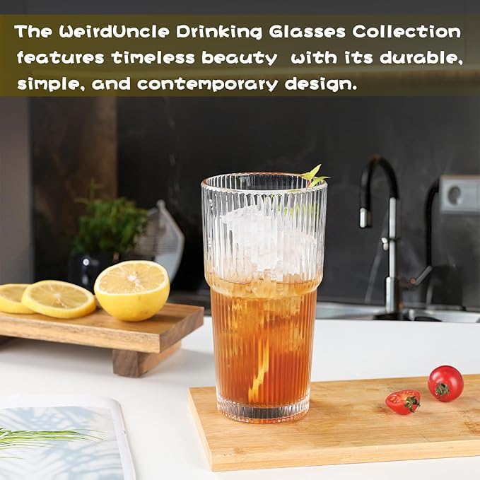 WeirdUncle Set of 6 Oversize Ribbed Glassware, 20oz Vintage Clear Glass Tumbler, Large capacity, Origami Style, Fluted Design, Ideal for Water, Iced Coffee, Beer, Tea, Latte, Housewarming Gift (Large)