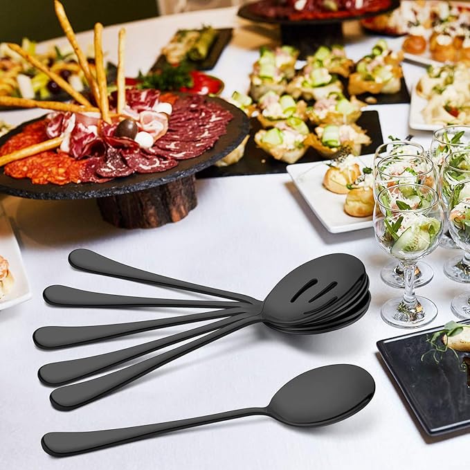 LIANYU 6-Piece Large Black Serving Spoons and Forks Set, 9.8 Inch Stainless Steel Buffet Catering Party Banquet Serving Spoon Fork, Mirror Finished, Dishwasher Safe