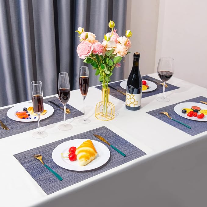 Placemats,PlasticVinyl Washable Heat-Resistant Durable PVC Non-Slip Woven for Kitchen Dining Table Mats (Navy, Set of 8)