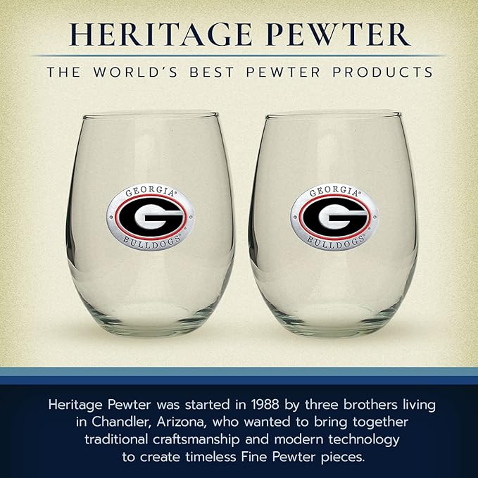 Heritage Pewter Georgia Bulldogs Stemless Glass Goblets β Set of 2 | 15 OZ Goblet Wine Glasses | Expertly Crafted Pewter Glass