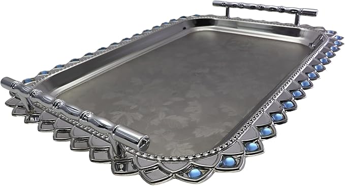 (Pack of 1) 16.5 inch x 11.8 inch Floral Shape Style Chrome Plated Silver Serving Tray with Handles Anti-Scratch Sticker Floral Engraved Edge Blue Bead Decor Wine Platter Plate FST-011