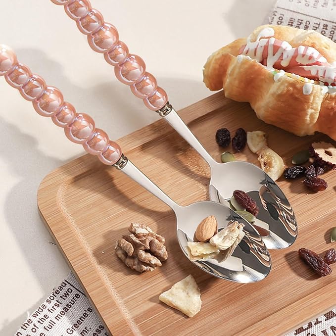 Stainless Steel Spoons, Stainless Steel Ceramic Handle Spoon, Korean Dessert Spoon with Imitation Pearl Handle, 8.4 Inches, 4 Pieces,Pink.