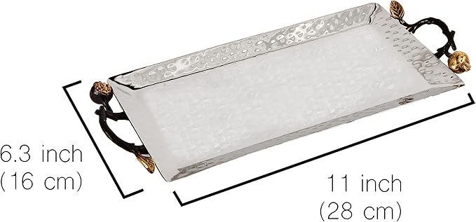 Yair Emanuel Decorative Serving Tray - Hammered Stainless Steel with Gold Accent Decoration (Medium - 6.3" X 11")