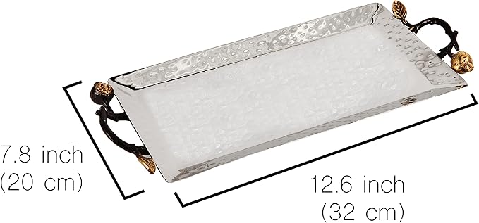 Yair Emanuel Decorative Serving Tray - Hammered Stainless Steel with Gold Accent Decoration (Large -7.9" X 12.6")