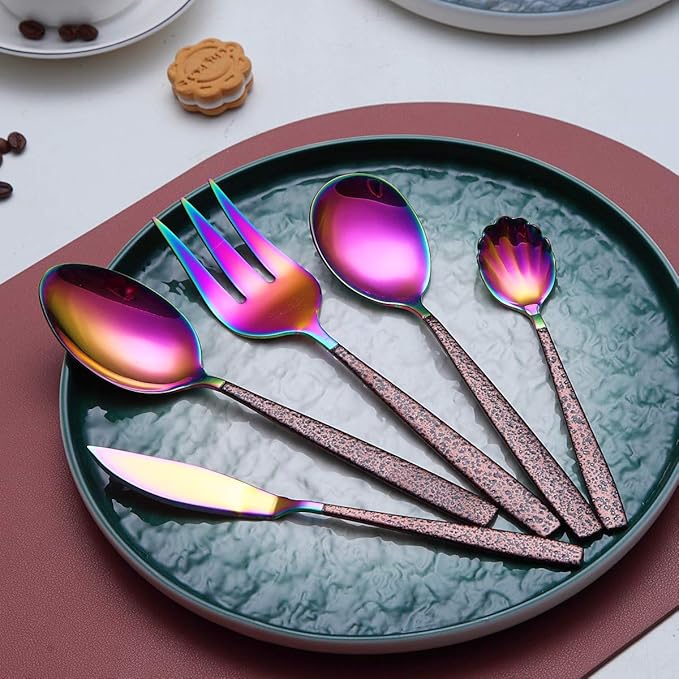 Berglander Silverware Serving Set 10 Pieces With Moon Surface Handle And Shiny Rainbow Mouth Titanium Plating, Stainless Steel Modern Colorful Flatware Serving Set Serving Spoons Serving Utensils