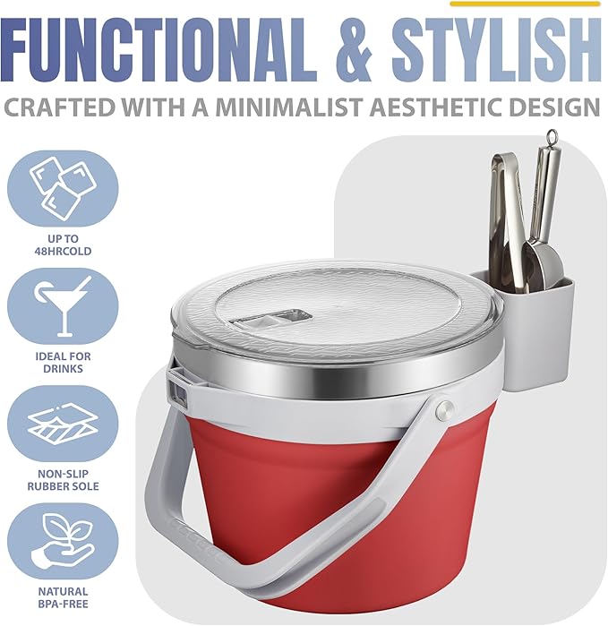 COKTIK 7L Vacuum Insulated Ice Bucket with Lid and Scoop& Tongs,Large capacity Stainless Steel Beverage Bucket for Cocktail, Champagne, Wine, Beer,Large Parties(Red Suit)