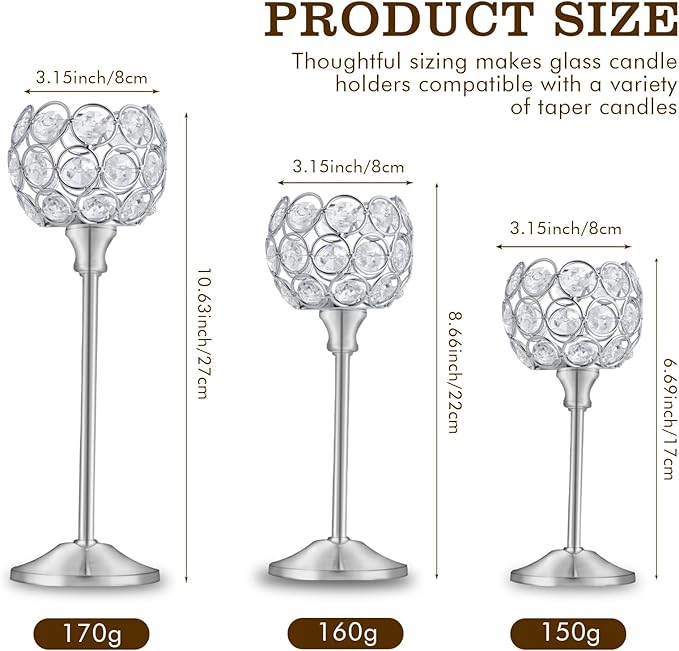 Crystal Metal Tealight Candlestick, Bling Bowl Candelabras, Tall Crystal Candle Holders Elegant Candle Centerpiece for Dining Table Wedding Home Mantel Decor (Silver, 2 Sets(6 Pcs))