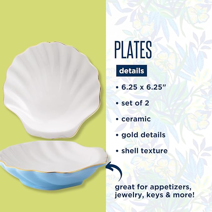 Lilly Pulitzer 6.5 Inch Seashell Appetizer Plates, Ceramic Plate Set of 2, Unique Plates for Home Kitchen, Blue and White Shells