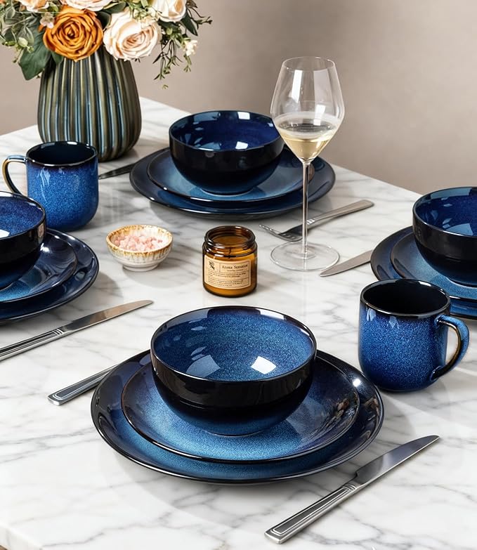 LERATIO Ceramic Dinner Plates Set of 6, 8.0 Inch Handmade Reactive Glaze Porcelain Plates, Coupe Shape Dinnerware Dishes Set for Kitchen,Oven& Microwave & Dishwasher Safe, Scratch Resistant-Blue