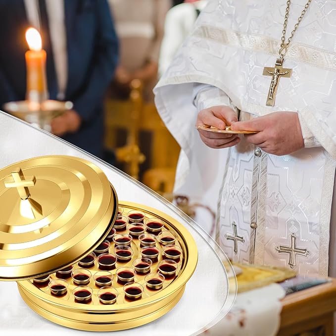 Zhehao 1 Set Holy Communion Trays for Churches with Lid, Churches Cup Fillers, 100 Disposable Communion Cups (Golden)