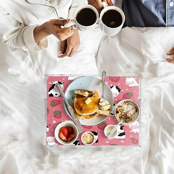 Serving Tray with Handles Clear Acrylic Tray 12x16 Inch Decorative Rectangular Tray Organizer for Ottoman Coffee Table Bathroom Cows Strawberry Flower