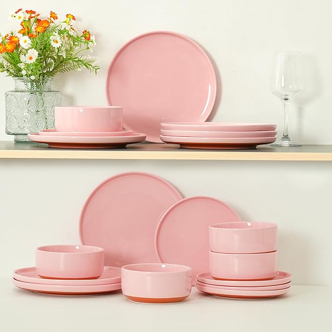 12 Piece Dinnerware Sets for 4, Dual Glaze Stoneware Plates and Bowls Set, Microwave and Dishwasher Safe, Pink