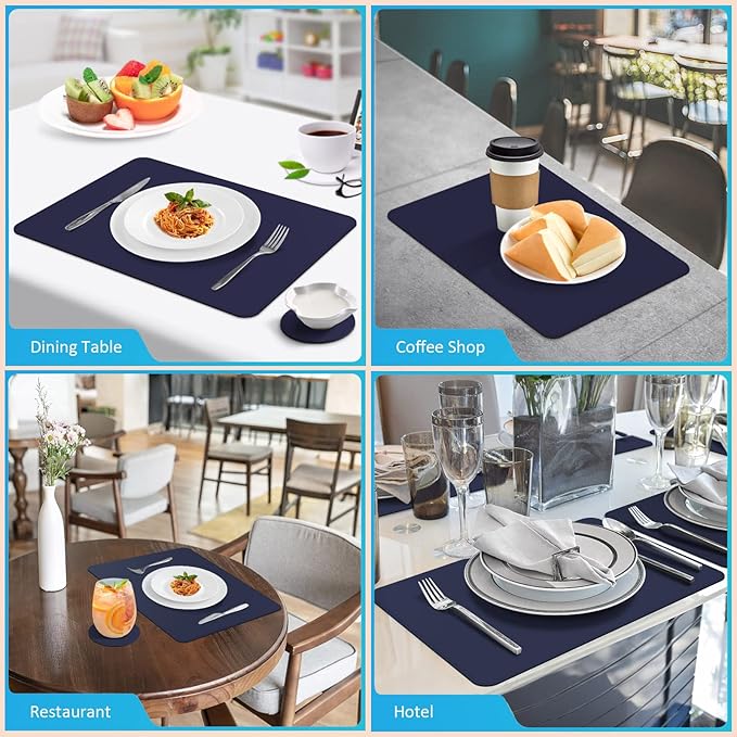 Vinyl Placemats Set of 6, Faux Leather Heat Resistant Kitchen Place Mats, Waterproof Wipeable Dining Table Mats and Coasters for Indoor, Outdoor (Navy Blue)