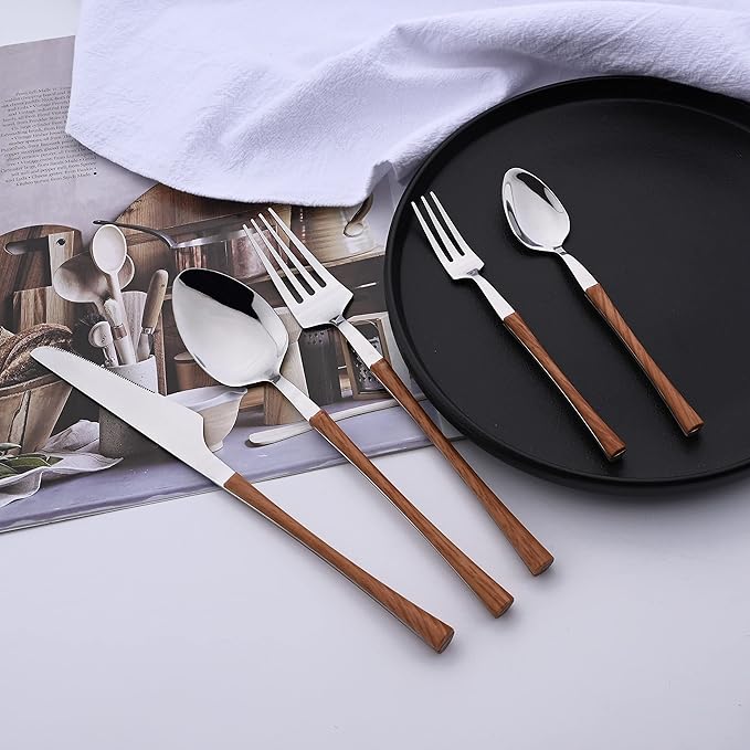 24PCS Flatware Set For 6 Stainless Steel Cutlery Set with Imitation Wood Grain Handle Kitchen Tableware With Knives Spoons And Forks Set Silver Mirror Polished Eating Utensils for Home & Camping