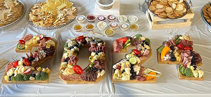4pcs Bamboo 2025th Serving Trays for Christmas, Larger Solid Serving Platter 15.5'' Charcuterie Serving Board, Wooden Serving Trays & Platters for Baby Shower Garduate Anniversary Senior Year Party