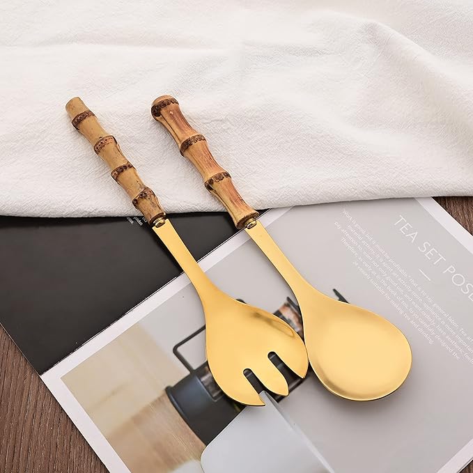 Natural Bamboo Handle Serving Utensils, Serving Spoon and Fork Set, Salad Servers Include 2 Large Serving Spoons and 1 Serving Fork, Stainless Steel Cutlery Set for Home/Party/Buffet, Gold