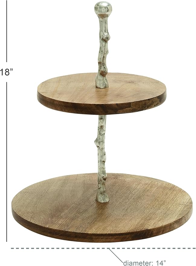 Deco 79 Mango Wood Tiered Server with Aluminum Accents, 14" x 14" x 18", Brown