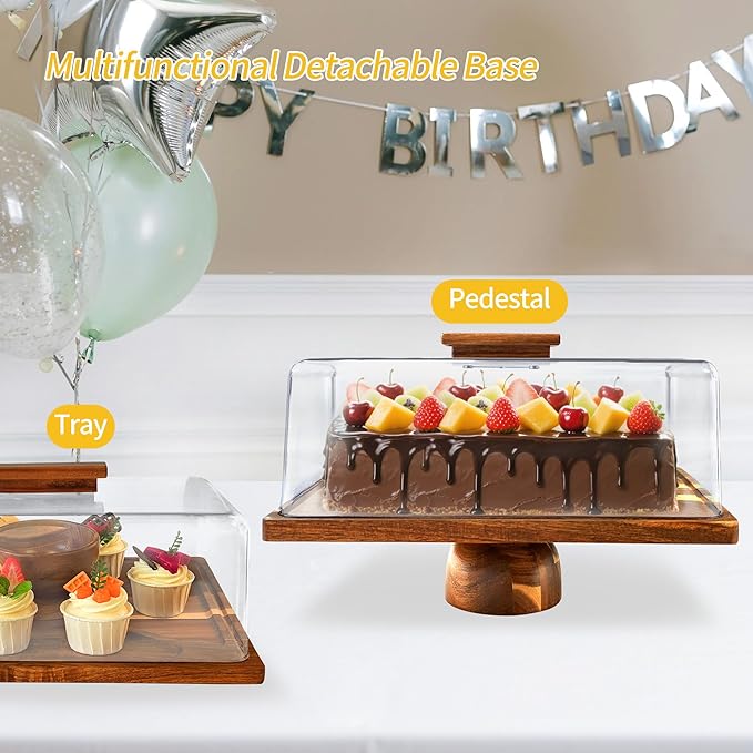 Acacia-Wood-Cake-Stand With Acrylic Lid, Rectangular Cake Plates Charcuterie Board With Cover, 2-in-1 Cake Holder With Dome,Dessert Table Display Stand For Cheese, Chips & Dips, Nachos, Fruit Platter