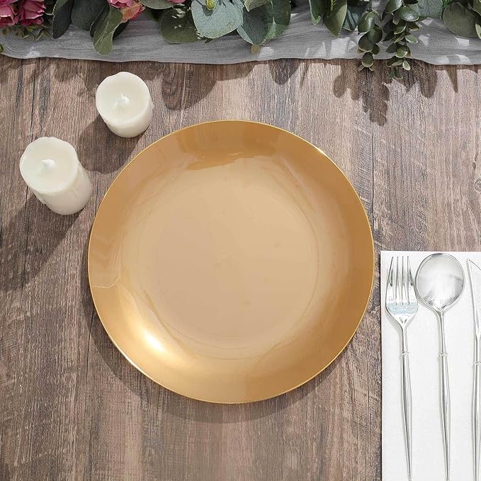 Efavormart 10 Pack | 10" Gold Round Plastic Dinner Plates With Gold Rim, Disposable Party Plates