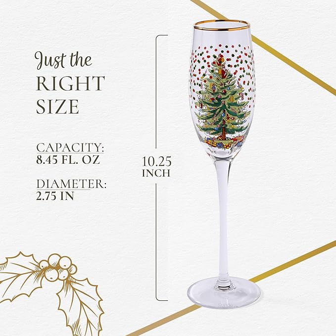 Spode Christmas Tree 8.45 Fl. Oz. Footed Champagne Flute (Set of 4), Polka Dot - Sparkling Wine Glasses for Holiday Celebrations - For Wedding Toasting Flutes & Prosecco Glasses