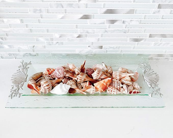 Arthur Court Aluminum Shell Sea Life Oblong Serving Tray, 18 x 8 inches - Coastal Inspired Design with Textured Glass and Silver-Tone Detailing, Sturdy Handles for Easy Carrying