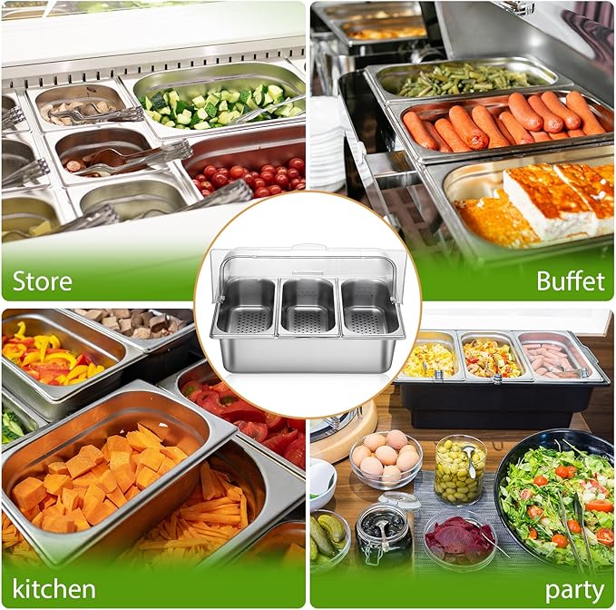 Perforated Countertop Food Serving Display Container and Clear Roll Top Cover 3 Pan Stainless Steel Food Serving Tray Buffet Condiment Dispenser Display Rack for Restaurant Hotel Kitchen Party