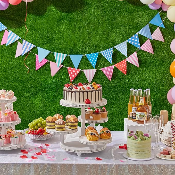 4 Tier Round Cupcake Tower Stand Beaded, Wood Cake Stand with Tiered Tray Decor for 50 Cupcakes/Baby Shower/Birthday/Wedding/Graduation