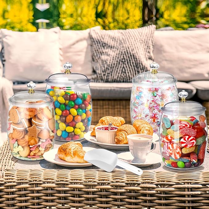 Nuogo 4 Pcs Plastic Candy and Cookie Jars with Lids Clear Cookie Container Candy Jars Large Airtight Apothecary Storage Organization for Wedding Home Kitchen Bar(64 oz)