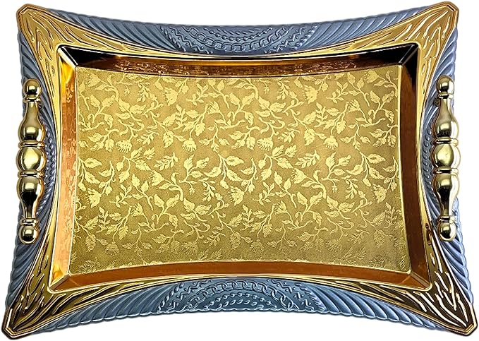(Pack of 2 14.1 inch x 10.2 inch Star Shape Iron Gold Serving Tray with Handles Floral Engraved Decorative Holiday Wedding Birthday Dessert Wine Candle Platter Plate Party NC-216