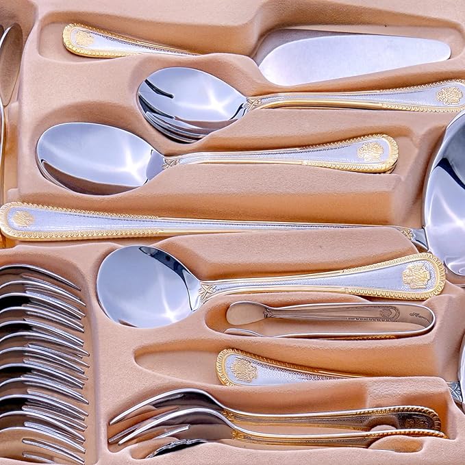 Royal Family Collection 72 Piece Fine Flatware Silverware Set with Gift Carrying Case, Elegant Design, Serves Parties 12 people, Perfect Housewarming Graduation for Loved Ones, Gold