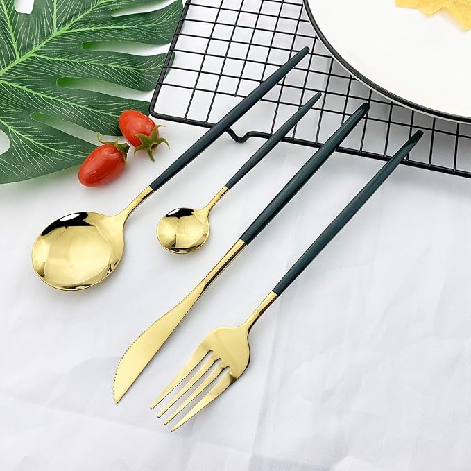 JASHII 24-Piece Titanium Green Plated Stainless Steel Flatware Set, Green Handle, Gold Mouth Utensils, Shiny Gold Finish for 6
