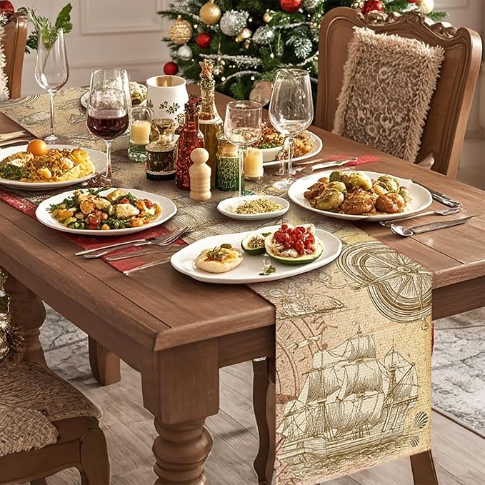 Nautical Sailboat Table Runner Seasonal Holiday Kitchen Dining Linen Table Decoration for Indoor Outdoor Home Party Decor 13 x 72 Inch