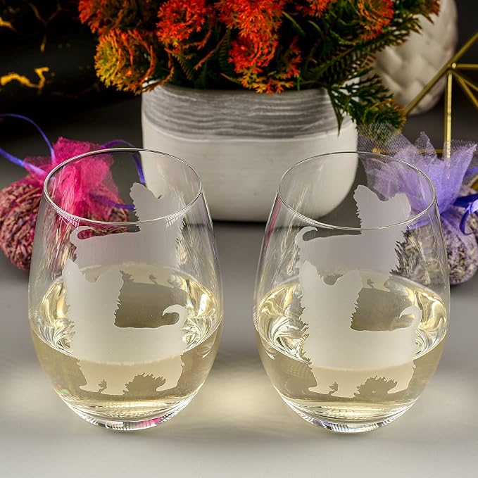 Yorkshire Terrier Stemless Wine Glasses (Set of 2) - Unique Gift for Dog Lovers - Hand Etched with Breed Name on Bottom