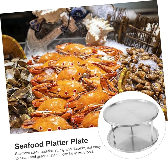 OUNONA Stainless Steel Seafood Snack Plate Double Serving Tray with Brackets Silver Texture for Home Kitchen Utensil Salad Fruit Cake Display