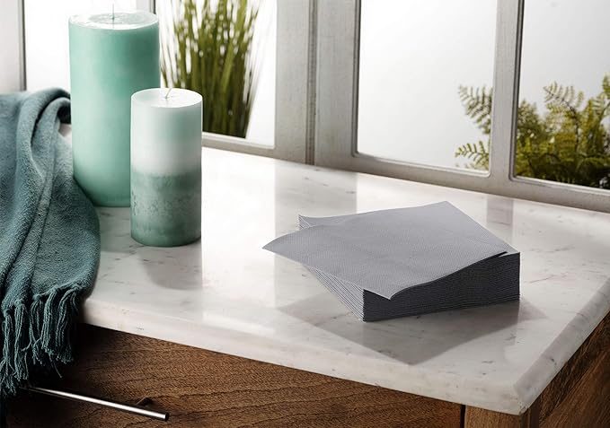 Disposable Grey Cocktail Napkins Paper - 4" x 4" High-End Linen-Like Beverage Party Square Paper Napkin Pack for Bar, Cafe, Restaurant, Christmas, Birthday, Wedding, Baby Shower - 100 Count