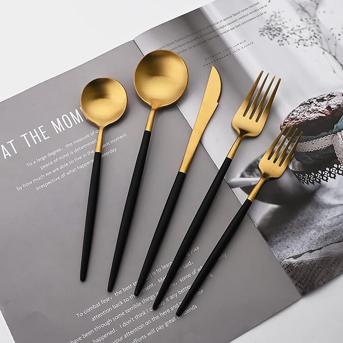 Stainless Steel Mirror Polished Gold Flatware Set, Steak Knife Dinnerware Knife Fork Salad Fork Dessert Spoon 20-piece, Service for 4