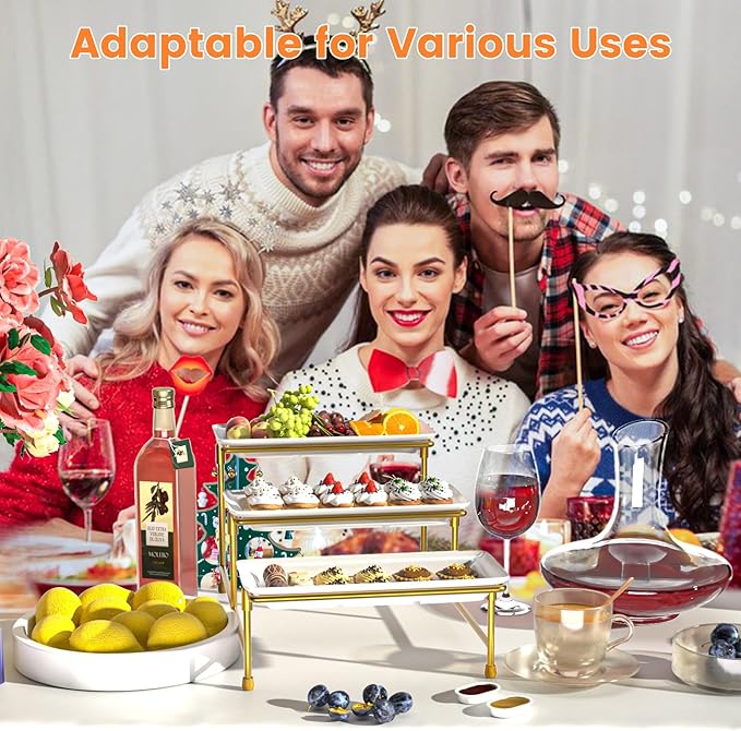 3 Tier Serving Tray for Party, 14"x7" Tiered Serving Platters with Steel Display Stand for Sevring Food,Cookies,Veggie, Dessert,Fruit, Gold