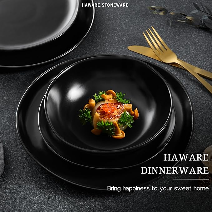 HaWare Plates and Bowls Set, Stoneware Dinnerware Sets, 24-Piece Hand-painted Dishware for 6, Ceramic Dish Set for Home Kitchen, Scratch Resistant, Microwave and Dishwasher Safe, Matte Black