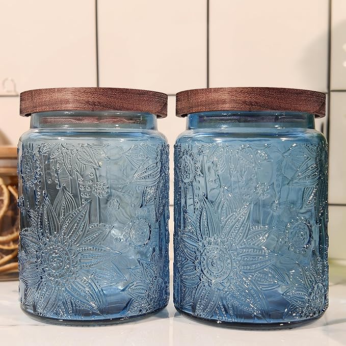 Glass Storage Jars With Airtight Lid, 23.7oz Canister For Kitchen Counter with Wooden Lid, brown sugar, candy, coffee, cookie, salt, tea,pantry cute Jar (2-Pack Blue, 23.7 floz)