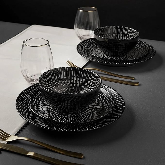 12-Piece Stoneware Dinnerware – Black and White Ceramic Plates and Bowls, Microwave & Dishwasher Safe, Modern Tableware Set_4 dinner plates, 4 salad plates, and 4 bowls