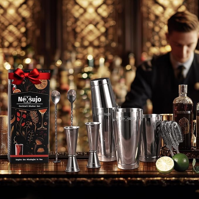 Boston Cocktail Shaker Set, 8-Piece Bar Tools Set, Professional Bar Set with Boston Shaker, Bar Spoon, Jigger, Hawthorne Strainer, Stainless Steel, Dishwasher Safe, Ideal Bartender Kit for Bar