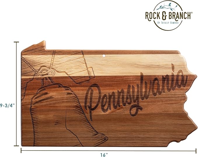 Totally Bamboo Rock & Branch Origins Series Pennsylvania State Shaped Cutting Board and Charcuterie Serving Tray, Includes Hang Tie for Wall Display